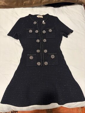 Sierra Darien Embellished Black Tweed Short-Sleeve Dress knitted SZ XS